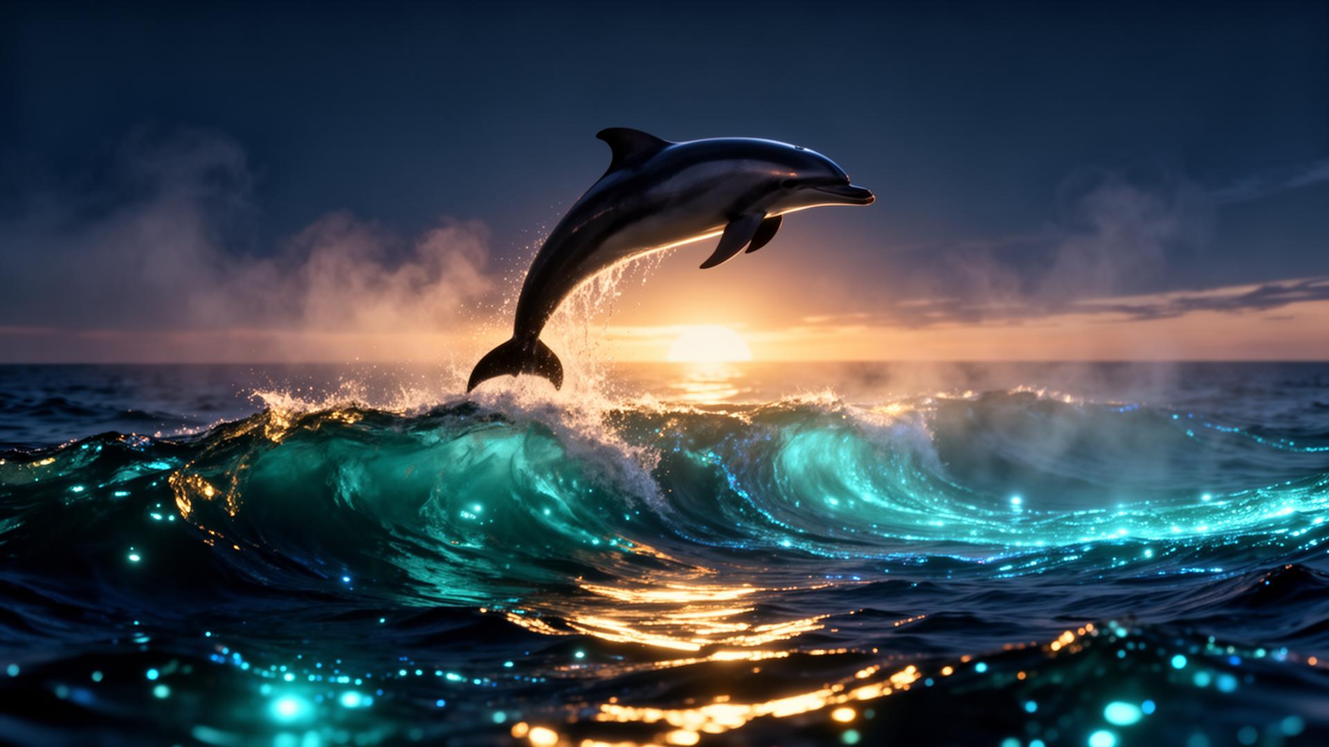 Dolphin leaping through bioluminescent ocean